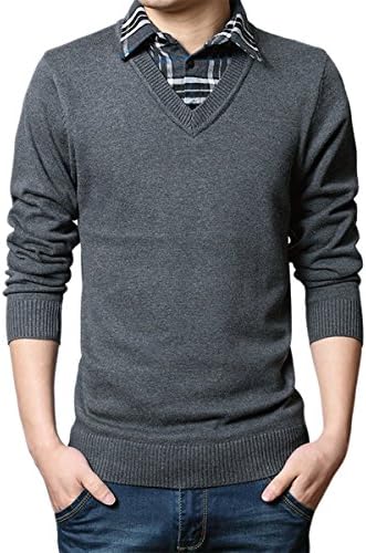 Pishon Men's V Neck Sweaters Fake Collar Sweater Casual Pullover Mens Knitwear