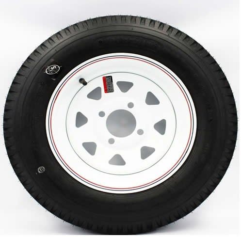LoadStar 4-hole 12" x4" White Spoke with Red and Blue Pin Stripe Trailer Wheel and Tire 5.30-12 6ply
