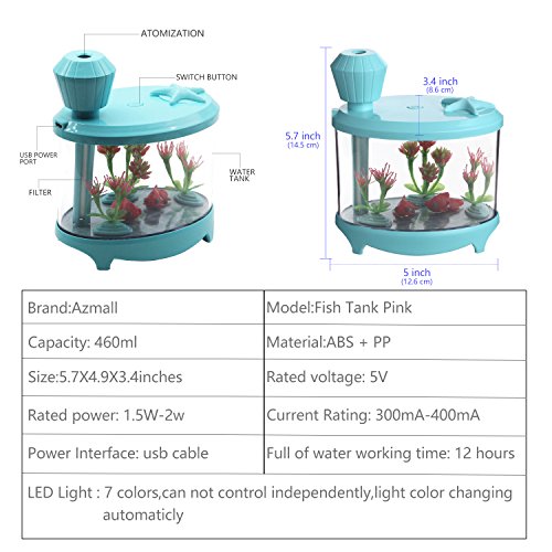 Diffuser Humidifier - Azmall Essential Oil Diffuser,460ML Fish Tank Mist Humidifier with 7 Changing Color LED Lights and Timer for Home,Office,Bedroom,Living Room - Sky Blue - Thumbnail 2