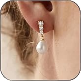 Pearl Drop Earrings Round Cubic Zirconia Dangle Gold Jewelry for Bridal Bridesmaid Wedding Jewelry Elegant Long Linear CZ Pearl Stud Earrings for Birthday Gift