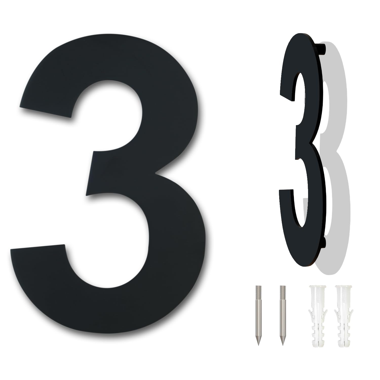Black Brushed Modern House Number -125mm Height - Made of Solid 304 Stainless Steel, Floating Appearance and Easy to Install (Number 3 Three)