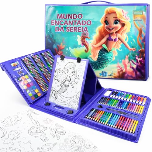 Maleta de Pintura Infantil 208 Itens Mundo Encantado da Sereia Desenho Arte Material Escolar Presente para Crianças
