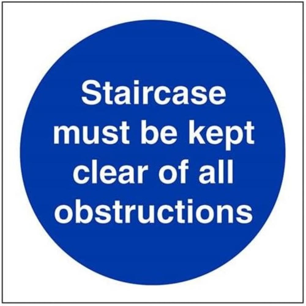 VSafety Staircase Must Be Kept Clear Of All Obstructions Sign - Square - 100mm x 100mm - Self Adhesive Vinyl