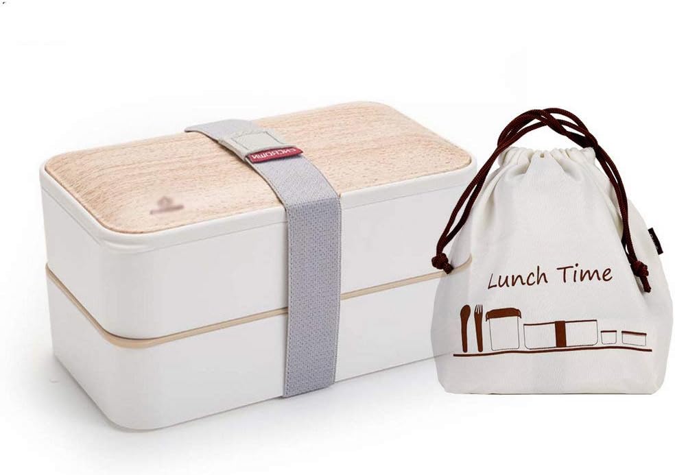 YOYO Home one Stackable 2 Tier Bento Lunch Box +Free Fun Lunch Notes, Cutlery, Chopsticks,2 Color Options - Premium Leakproof Lunch Box for Adults & Kids(Bamboo White)