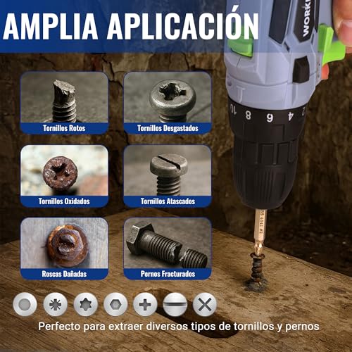 WORKPRO Juego de 6 Extractores de Tornillos Dañados Revestidos de Titanio, Removedores de Pernos Rotos para Tornillos de 2–13 mm con Estuche de Almacenaje
