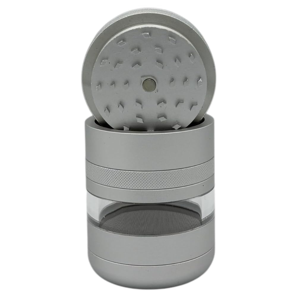 Chongz 7 Part Grinder, 55mm Pod, Premium Grade Quality Aluminium, Screen Chamber, Stainless Mesh, Glass Jar Body for Tobacco Spice Herbs (Silver)