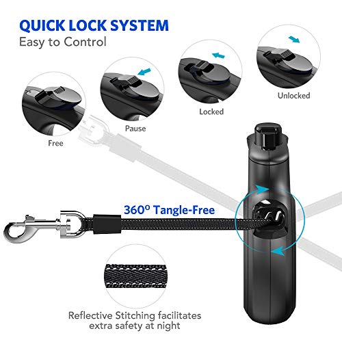 Peteast Retractable Dog Leash, 360° Tangle-Free, Heavy Dutyup to 55Lbs Pets, 16' Strong Reflective Nylon Tape with Waste Bag Dispenser, One-Handed Brake/Pause/Lock, Black, Medium