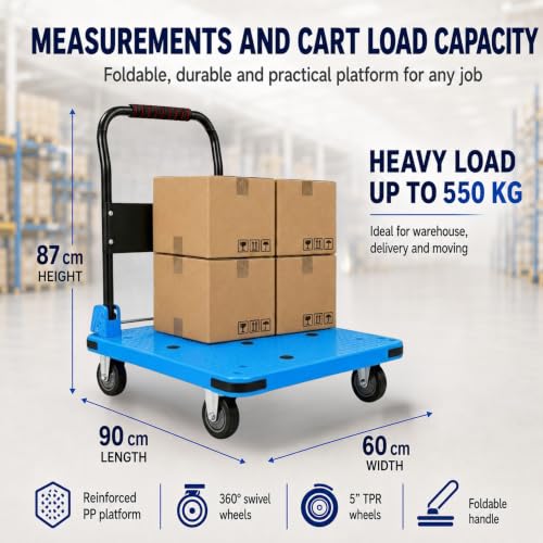 Folding Platform Cart Supports 550 kg Blue, TPR Wheels 5" | Warehouse & Moving Cargo Trolley