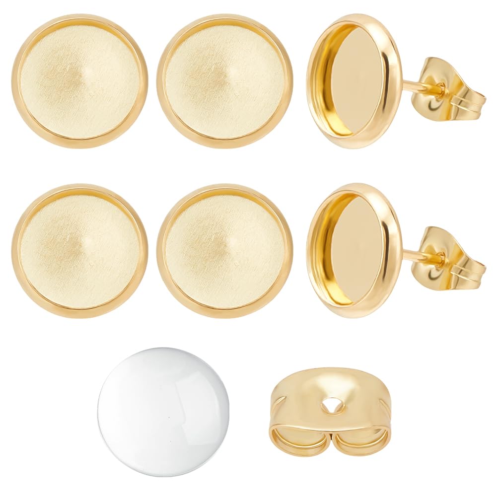 Beebeecraft 40 Sets 8mm Cabochon Earring Blanks with Glass Cabochons 18K Gold Plated Stainless Steel Round Flat Stud Earring Bezels Tray with Ear Nuts for Jewellery Making Finding DIY Crafts