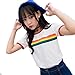 Focal18 Rainbow Print T-shirt Tee Crop Top Short Sleeve Tops O Neck Womens Stripe