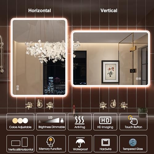 STARLEAD 100 x 70 cm Mirror-LED-Bathroom-with-Lighting, Dimmable, 3 Light Colours, Anti-fog, Memory, IP44 Tempered Glass HD Wall Mirror, Horizontal/Vertical