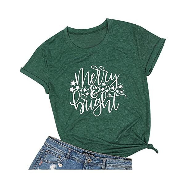 Merry and Bright Stars Christmas T-Shirt Women Letter Printed Casual Short Sleeve Tee Tops - Image 4