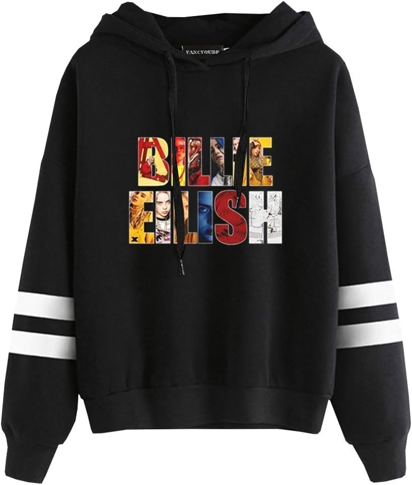 Detroital Women's Youth Girls New Singer Billie Eilish Hoodie Long Sleeve Striped Sweatshirt