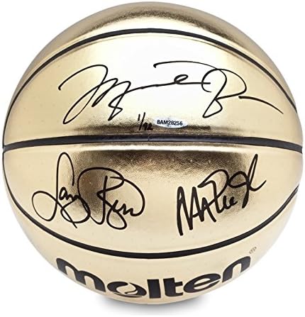 MICHAEL JORDAN, MAGIC JOHNSON, LARRY BIRD Signed Molten Gold Trophy Basketball LE of 92 With Curve Display Case UDA.