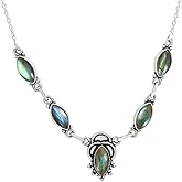 925 Silver Plated Marquise Shape Natural Gemstones Necklace - Handmade Vintage Style Bohemian Birthstone Necklace Jewelry - Perfect for Wedding Anniversary & Special Occasions