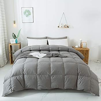 WhatsBedding 100% Cotton Down Comforter Goose Duck Down and Feather Filling,Hypoallergenic Comforter. All Season Duvet Grey Insert or Stand-Alone Down Comforter (Dark Gray Comforter Twin)