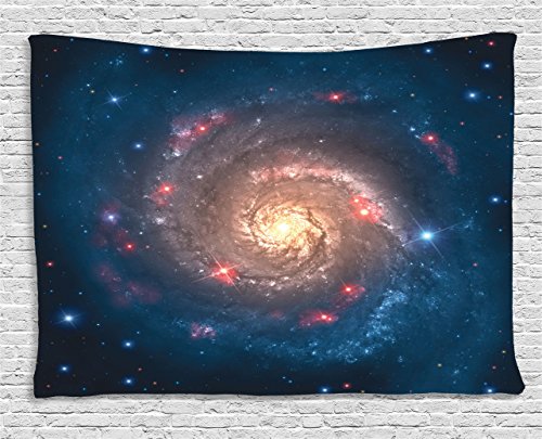 Ambesonne Outer Space Tapestry, Spiral Galaxy Expanse Beyond Milky Way Planet Astral Space Art, Wide Wall Hanging for Bedroom Living Room Dorm, 80" X 60", Petrol Blue Peach