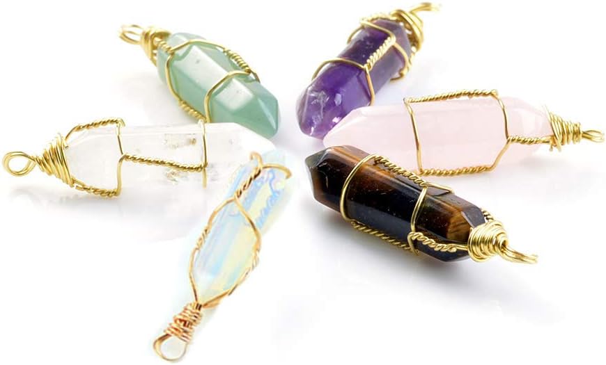 MIKINI 9pcs Silver Plated Wire Wrap Hexagon Pointed Cut Gemstone Healing Energy Natural Crystal Pendant Necklaces Pack, 18 Inches (6pcs Gold Wire Wrapped Crystal Pendants Pack)