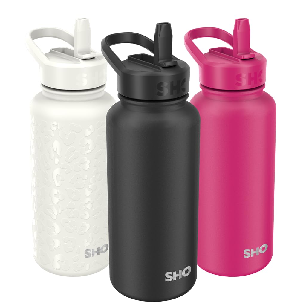 SHO Guzzler Water Bottle with Straw Lid - Leakproof, Dishwasher Safe, BPA Free, No Sweat, Vacuum Insulated Double Walled Metal Flask, 950ml & 1900ml - 24 Hours Cold (Onyx, 950ml)