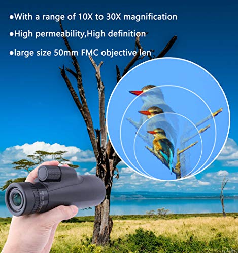 10-30x50 Monocular Telescope, high Definition and Waterproof-BAK4 Prism Suitable for Outdoor Travel, Hunting, Bird Watching, with Smart Phone Holder Set and Camera Remote Control