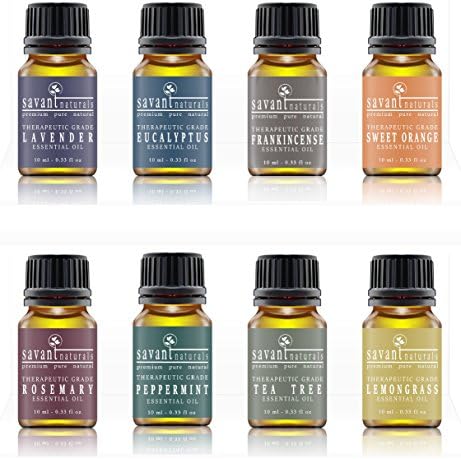 Savant Naturals Top 8 Essential Oils - Gift set of our most popular Essential Oils - 8 x 10 ml Bottles - Lavender, Rosemary, Eucalyptus, Orange, Frankincense, Peppermint, Tea Tree, Lemongrass