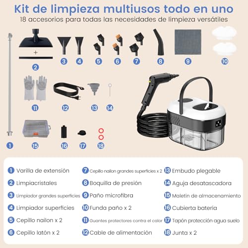 Portable Steam Cleaner 2500W, Handheld Steam Cleaner with 1.4L Reservoir, 18 Accessories, 3 Steam Modes, Steam Machine Cleaning for Home, Kitchen, Bathroom, Car and Sofa (White)