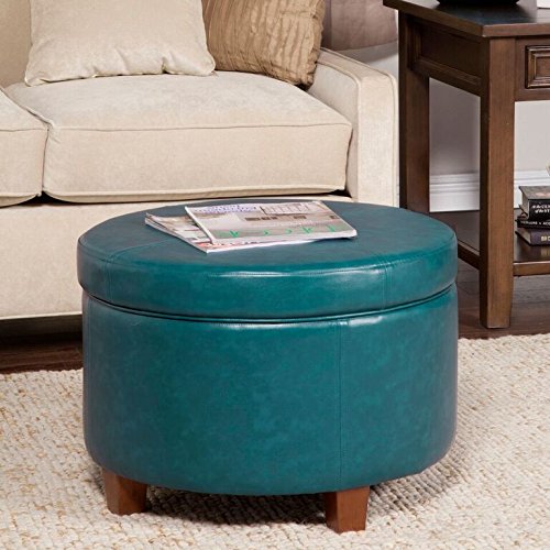 HomePop Round Leatherette Storage Ottoman with Lid, Teal Beachfront Decor