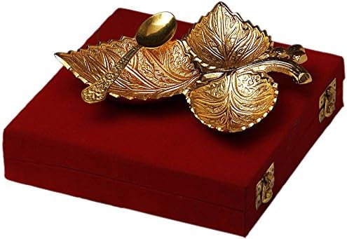 Anand Kala Gold Plated Brass Three Leaves Tray with Spoon (Abg00005)