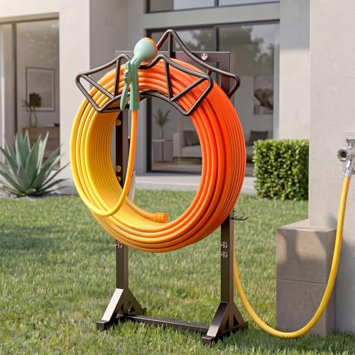 Garden Hose Holder Holds 160Ft Hoses, Heavy-Duty Freestanding Water Hose Stand with 2 Tool Hooks, Rustproof Hose Rack with 4 Spikes Hose Hanger Storage for Outside, Yard, Lawn