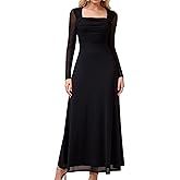 GLNEGE Fall Long Sleeve Wedding Guest Maxi Long Dress Mesh A-Line Flowy Square Neck Ruched Cocktail Dresses for Women