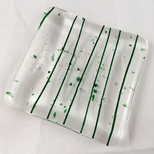 Fabb4Fused Glass Kiln Fired Fused Glass Transparent and Green Stringer Trinket Dish