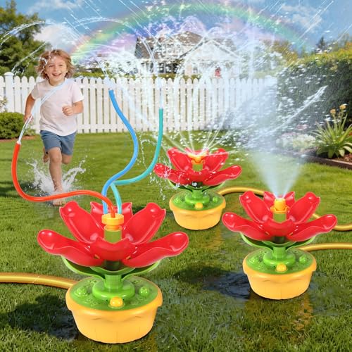 Water Games for Kids Outdoor 3 4 5 6 Years, Sprinkler Kids Flower Shape with 3 Kinds of Jet, Outdoor Grass Water Toys with Hoses, Summer Gift for 3 4 5 6 7 8 9 10 Years Old