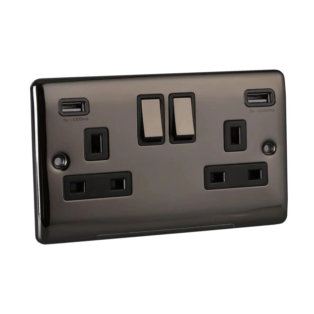 Caradok 2 Gang Double Pole switched socket with USB sockets - Black Nickel
