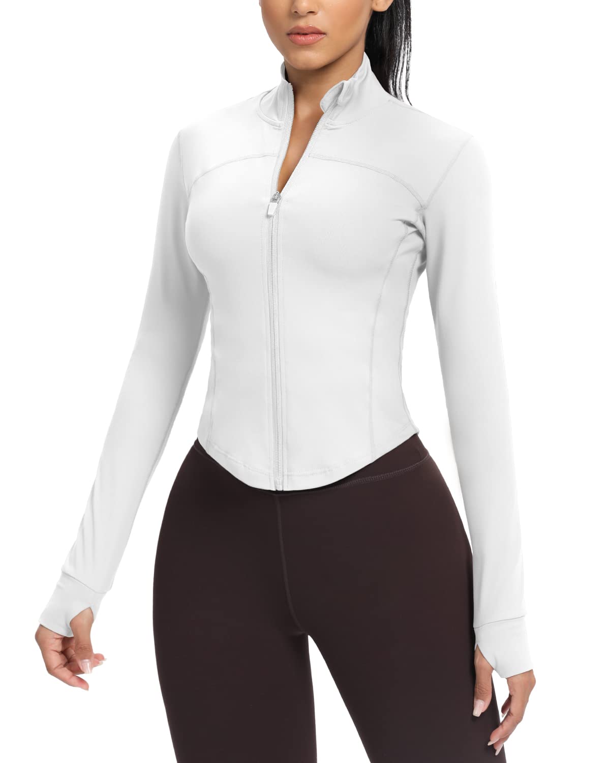 Photo 1 of AVGO Women's Cropped Running Workout Jackets Zip Slim Fit Athletic Tops with Thumb Holes (White, M)