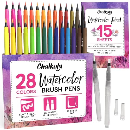 Chalkola Watercolor Brush Pens for Lettering, Coloring, Calligraphy - Set of 28 Watercolor Pens, 15 Painting Pad & 2 Watercolor Markers - Drawing Art Supplies for Kids, Adults, Professional Artist