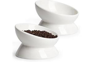 YauYik Cat Bowls Elevated, Raised Cat Food Bowls for Indoor Cats, Puppy, Ceramic Tilted Kitty Dish, 6 Inch Whisker Friendly Anti Vomit Pet Feeding Station, Dishwasher Safe (White, 2 Pack)