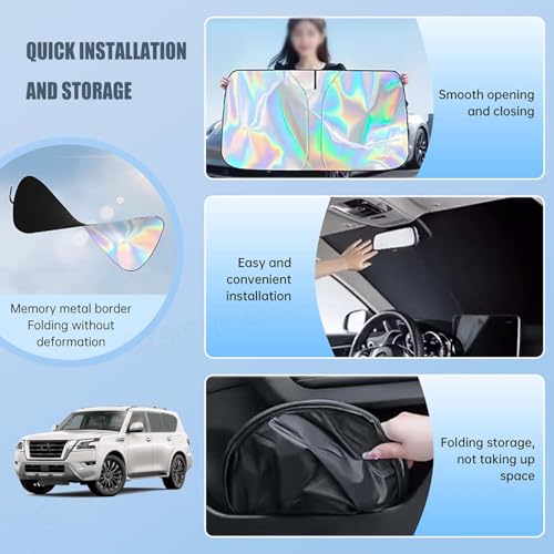 KASUART New 2024 Car Windshield Laser Sunshade For Niss-an Patrol Y62 2016-2024 Upgraded Laser Titanium Silver Colorful Layer Thickened 300d Oxford Cloth Foldable ective Protector Blocks UV Rays