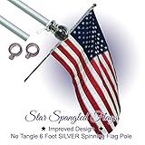 Flag Pole - 6 Foot Silver Brushed Aluminum No Tangle Spinning Flagpole with Silver Globe Built Tough and Beautiful to Fly Grommeted or Sleeve Flags Proudly in Residential House or Commercial Settings