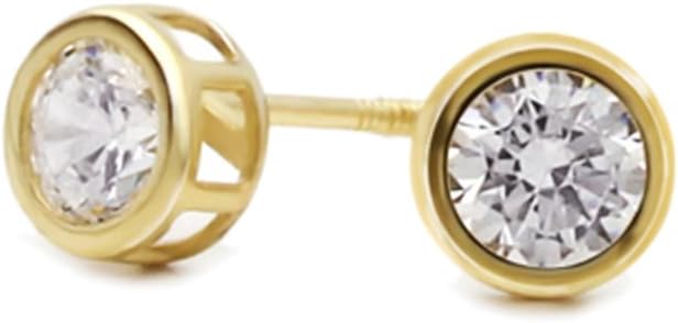 Solid 14K Gold Earrings 5mm Round CZ Stone 1 cttw Bezel Studs Screwback Stud Earrings