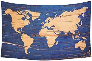 Custom Vintage Blue Wooden World Map Tapestry Wall Hanging Wood Abstract Wall Decor Art for Living Room Bedroom Dorm Cotton Linen Decoration 60 x 40 Inches
