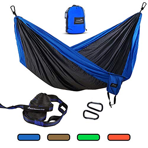 Geezo Double Camping Hammock, Lightweight Portable Parachute (2 Tree Straps 16 LOOPS/10 FT Included) 500lbs Capacity Hammock for Backpacking, Camping, Travel, Beach, Garden