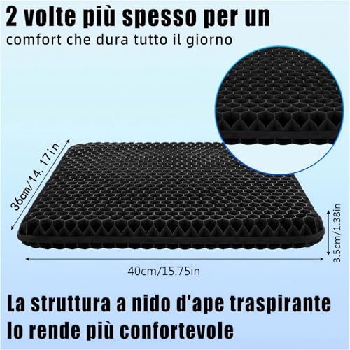 Office Chair Cushion, Gel Cushion, Anti-Bedsore, Honeycomb Cushion, Non-Slip, Breathable and with Removable Cover, Suitable for Office Chairs, Car Seats and Home Chairs (Black, 40 x 36 x 3.5)