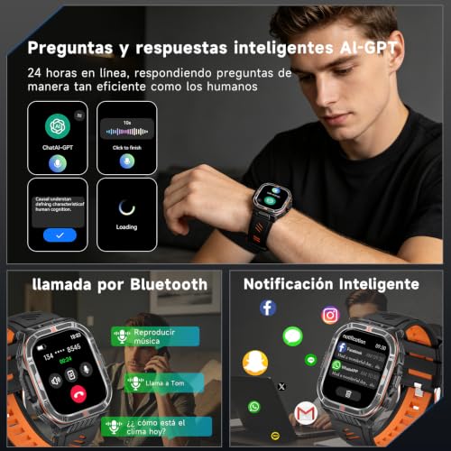 AI Reloj Inteligente Hombre, 1100mAh Batería/ Chat-GPT/Brújula/Linterna LED, 2,01" HD Pantalla Smartwatch con Frecuencia Cardíaca, Sueño Salud,Función telefónica Pulsómetro IP68, iOS/Android (Negro)