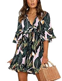 BELONGSCI Vestido Sumer para mujer Cuello en V Manga campana Volantes sin espalda Volantes Vestido dulce Mini vestido corto Vestido casual causal