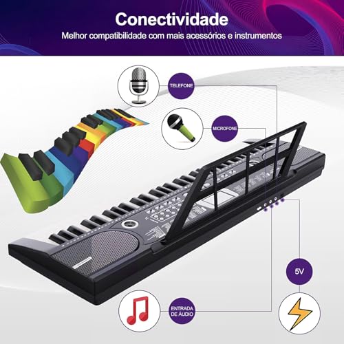 Teclado Musical 61 Teclas Piano Digital Eletrônico com Microfone Alto-falante Integrado Teclado Portátil Iniciante Teclado Musical Profissional