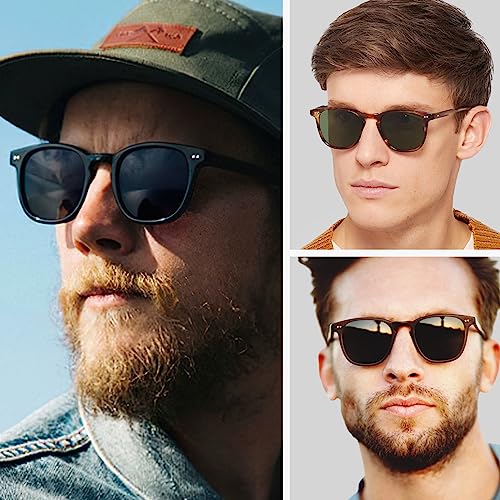 CARFIA Vintage Polarised Sunglasses for Men UV Protection Driving Glasses with Rectangular Acetate Frame