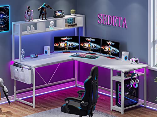 SEDETA L Shaped Desk, Reversible 94.5 Inches Computer Desk or Office Desk, White Desk, L Shaped Desk with Hutch Storage Shelves and Headphone Hook for Home Office, White