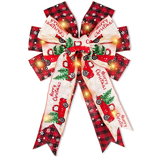 MCPINKY Christmas Decorative Bow, 10 x 15 Inches Light Up Plaid Bow Red Checkered Tree Topper Bow for Christmas Decoration Front Door Wreath