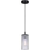 Canarm Kinslea 1-Light Pendant Light, Matte Black Finish with Ribbed Glass Shade, Adjustable Black Cord, Contemporary Lightin