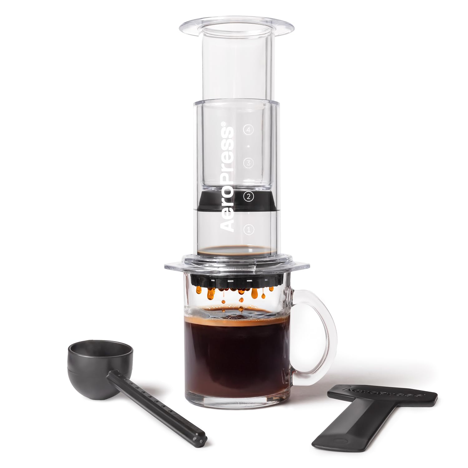AeroPress Clear Coffee Press – 3 in 1 brew method combines French Press, Pourover, Espresso - Full bodied coffee without grit or bitterness - Small portable coffee maker for camping & travel